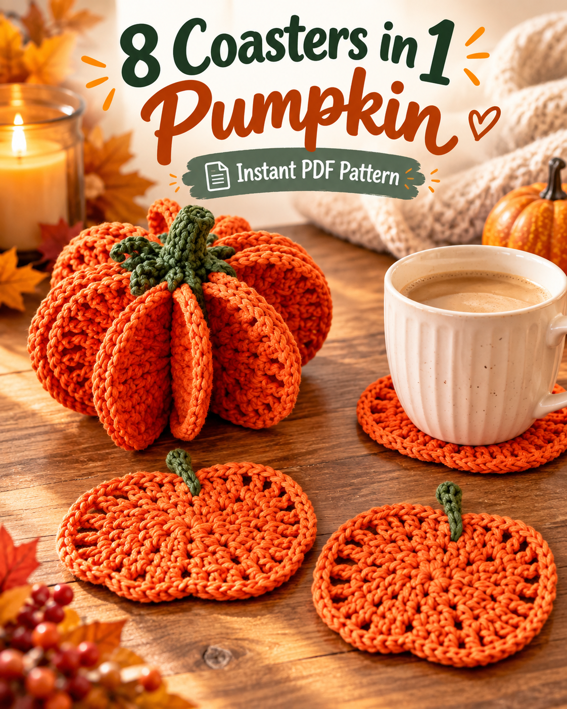 8 coasters in 1 crochet pumpkin - instant PDF pattern
