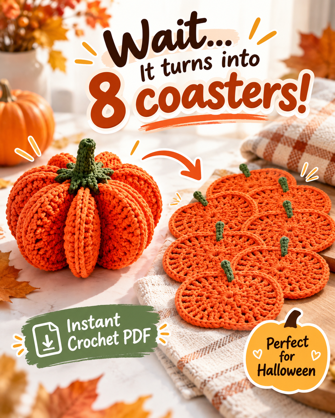 Crochet pumpkin transforms into 8 coasters - instant PDF